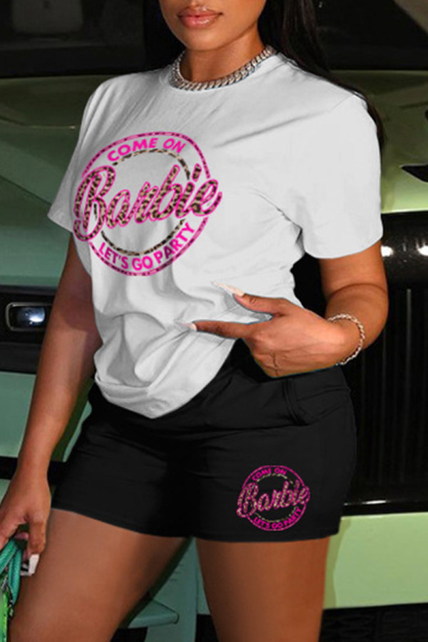 White Casual Letter Print Basic O Neck Short Sleeve Two Pieces