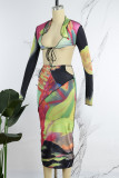 Multicolor Sexy Casual Print Frenulum V Neck Long Sleeve Two Pieces