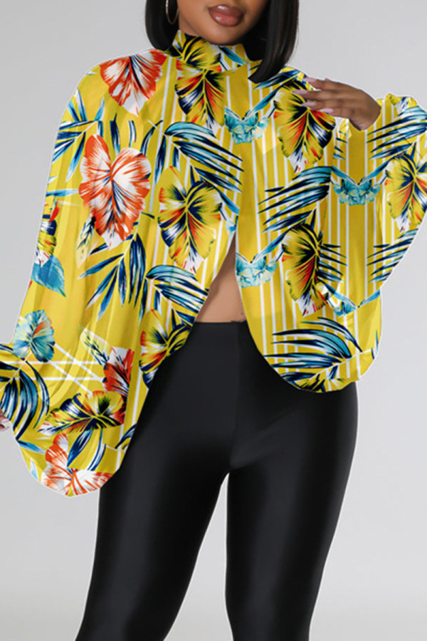 Yellow Casual Print Slit Turtleneck Tops