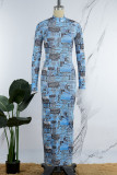 Blue Casual Print Patchwork Half A Turtleneck Long Sleeve Dresses