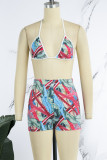 Rose Red Sexy Print Bandage Backless Swimwears(Two Pieces)