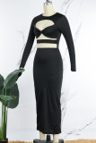 Black Sexy Casual Solid Hollowed Out O Neck Long Sleeve Dresses