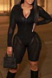 Black Sexy Solid Patchwork Zipper Collar Skinny Romper