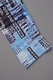 Blue Casual Print Patchwork Half A Turtleneck Long Sleeve Dresses