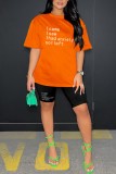 Orange Casual Letter Print Basic O Neck Short Sleeve Two Pieces