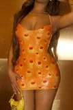 Orange Sexy Print Backless Spaghetti Strap Sleeveless Dress Dresses