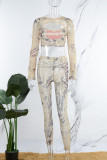 Beige Casual Print Hollowed Out O Neck Long Sleeve Two Pieces