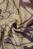 Beige Casual Print Hollowed Out O Neck Long Sleeve Two Pieces