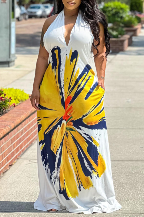 White Sexy Vacation Simplicity Floral Basic Printing Halter Printed Dress Dresses