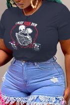 Navy Blue Casual Sportswear Print Skull Patchwork O Neck T-Shirts
