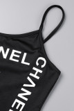 Black Sexy Print Letter Spaghetti Strap A Line Dresses