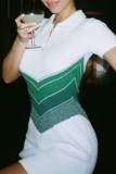 Green Casual Patchwork Contrast Turndown Collar Short Sleeve Dress