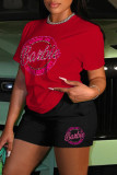 Pink Casual Letter Print Basic O Neck Short Sleeve Two Pieces