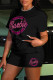 Black Casual Letter Print Basic O Neck Short Sleeve Two Pieces
