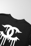 Black Street Print Letter O Neck Short Sleeve Two Pieces
