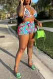 Rose Red Sexy Print Bandage Backless Swimwears(Two Pieces)