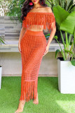 Black Sexy Casual Solid Tassel Hollowed Out Off the Shoulder Short Sleeve Two Pieces