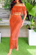 Tangerine Red Sexy Casual Solid Tassel Hollowed Out Off the Shoulder Short Sleeve Two Pieces