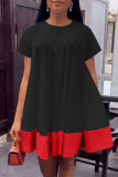 Rose Red Casual Solid Patchwork O Neck Short Sleeve Dress