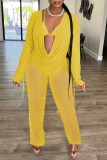 Yellow Sexy Solid See-through V Neck Long Sleeve Three Piece Set
