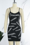 Black Sexy Print Letter Spaghetti Strap A Line Dresses