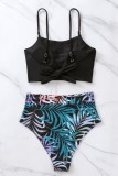 Black Sexy Print Frenulum Backless Swimwears (With Paddings)