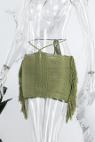 Blue Sexy Solid Tassel Patchwork Frenulum Skinny Mid Waist Conventional Solid Color Skirt (Only Skirt)