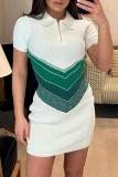 Green Casual Patchwork Contrast Turndown Collar Short Sleeve Dress
