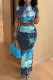 Blue Street Print Patchwork Half A Turtleneck Short Sleeve Two Pieces