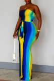 Multicolor Casual Gradual Change Patchwork Backless Strapless Regular Jumpsuits(With Belt)