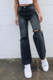 Black Casual Solid Ripped High Waist Straight Denim Jeans