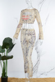 Beige Casual Print Hollowed Out O Neck Long Sleeve Two Pieces