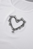 White Casual Solid Patchwork Rhinestone O Neck Tops