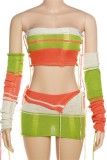 Red Sexy Patchwork Backless Contrast Strapless Long Sleeve Four Piece Set