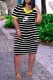 Black Casual Striped Print Letter V Neck Straight Dresses