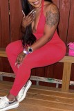 Rose Red Sexy Casual Solid Backless Halter Skinny Jumpsuits