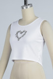 White Casual Solid Patchwork Rhinestone O Neck Tops