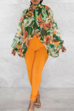 Red Casual Print Slit Turtleneck Tops