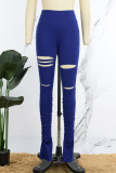 Blue Casual Solid Hollowed Out Slit Skinny High Waist Conventional Solid Color Trousers