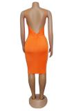 Orange Sexy Fashion Spaghetti Strap Sleeveless Slip Step Skirt Knee-Length Draped Patchwork Fluor