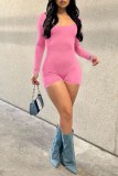 Pink Sexy Casual Solid Backless O Neck Skinny Rompers