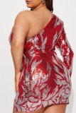 Red Sexy Patchwork Sequins Backless Slit Oblique Collar Irregular Dress Dresses