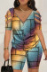 Multicolor Casual Print Hollowed Out Patchwork V Neck Short Sleeve Two Pieces