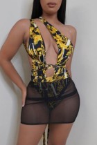 Gold Sexy Print Hollowed Out See-through Backless Oblique Collar Sleeveless Dress Dresses