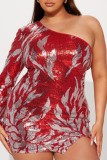Red Sexy Patchwork Sequins Backless Slit Oblique Collar Irregular Dress Dresses