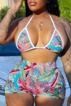 Rose Red Sexy Print Bandage Backless Swimwears(Two Pieces)