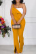 Earth Yellow Casual Solid Backless Slit Spaghetti Strap Regular Jumpsuits