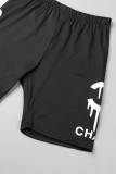 Black Street Print Letter O Neck Short Sleeve Two Pieces
