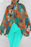 Red Casual Print Slit Turtleneck Tops