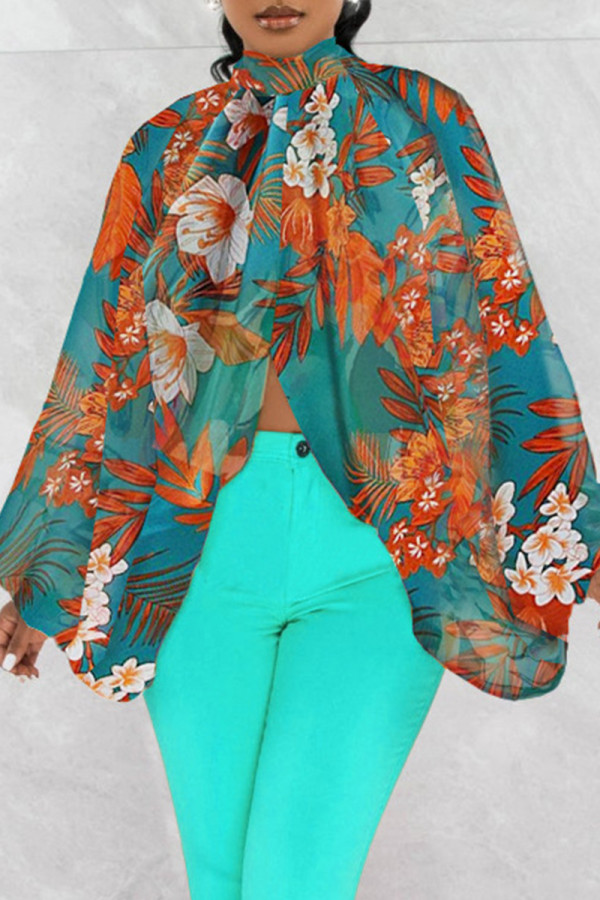 Blue Casual Print Slit Turtleneck Tops